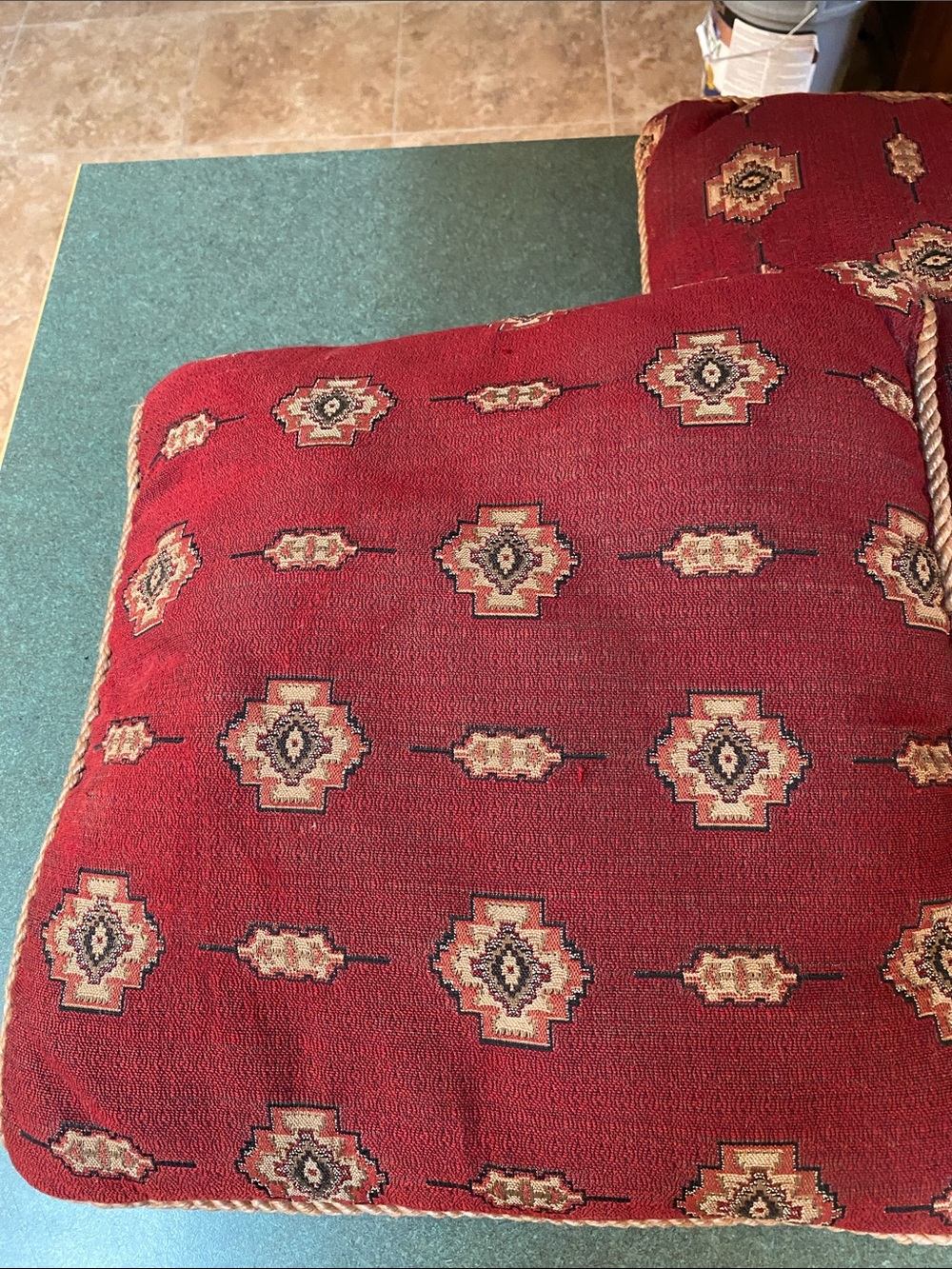 Southwestern Red Patterned Seat Cushion with Rope Piping